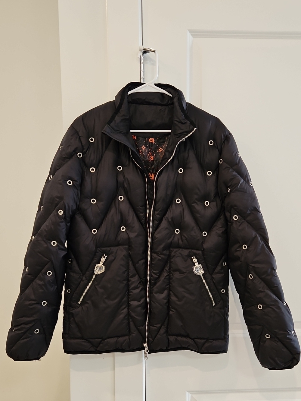 Black Quilted Men's Puffer Jacket with Eyelet Detail